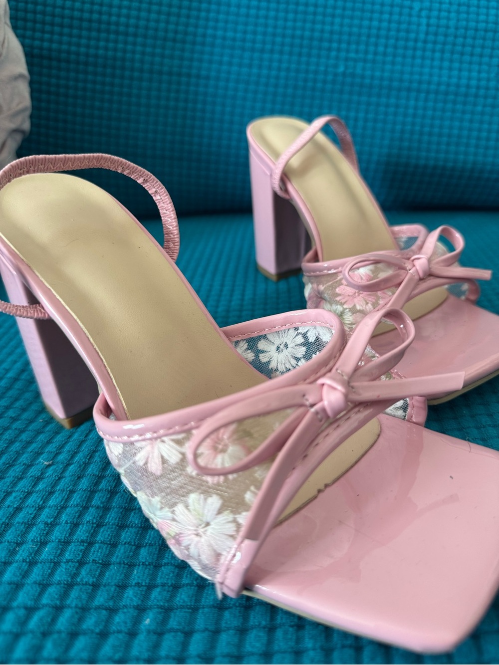 NWT Pink Floral Mesh Bow Heels Y2K Coquette Square Toe Size 36